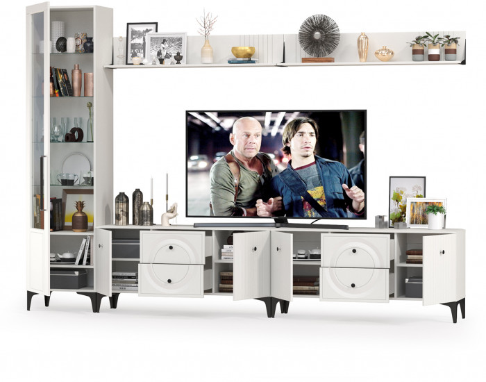 Валенсия Гостиная № 080, цвет ЛДСП белый шагрень/МДФ белый шагрень, ШхГхВ 321,2х38,3х225,2 см., универсальная сборка