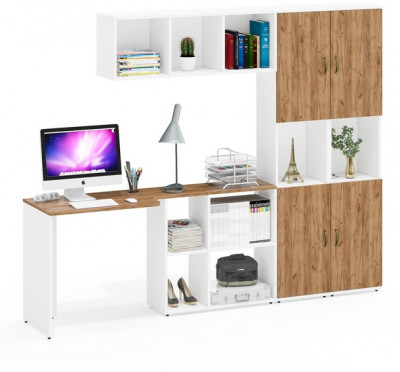 Лидер-8 Стол + Полка + Пенал + Пенал, белый шагрень/крафт золото