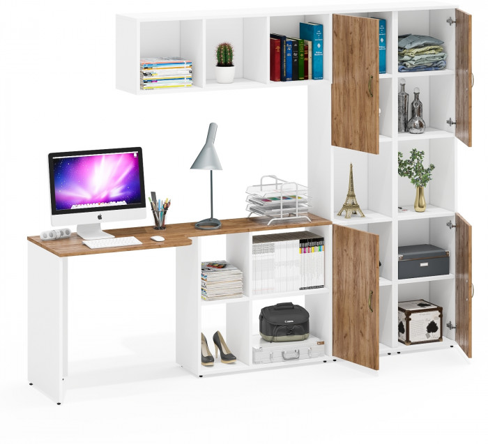 Лидер-8 Стол + Полка + Пенал + Пенал, белый шагрень/крафт золото