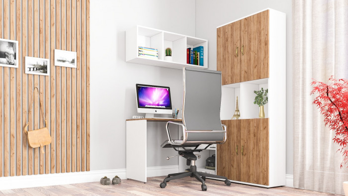 Лидер-8 Стол + Полка + Пенал + Пенал, белый шагрень/крафт золото