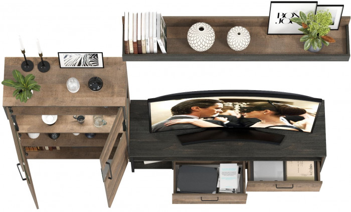 Трувор 13.70 Тумба под ТВ + 13.306 Комод с витриной + 15.60 Полка, цвет дуб гранж песочный/интра, ШхГхВ 235,6х45,4х195 см., универсальная сборка