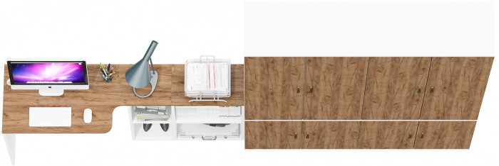 Лидер-8 Стол + Шкаф МД 20Б + Шкаф МД 20Б, цвет белый шагрень/крафт золото, ШхГхВ 325х50/37,5х75/190 или 115х240/50х75/190 см., НЕ ун. сборка