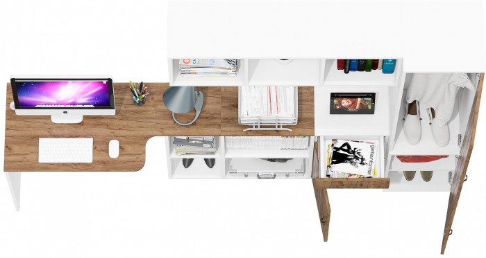 Лидер-8 Стол + Полка + Тумба МД 3.15 + Пенал МД 21Б, белый шагрень/крафт золото