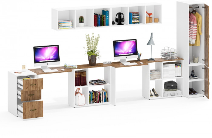 Лидер-8 Стол + Полка + Стол + Полка + Пенал МД 23Б + Тумба МД 3.16, цвет белый шагрень/крафт золото, 410х50х75/190 или 270х120/50х75/190, НЕ ун. сб.