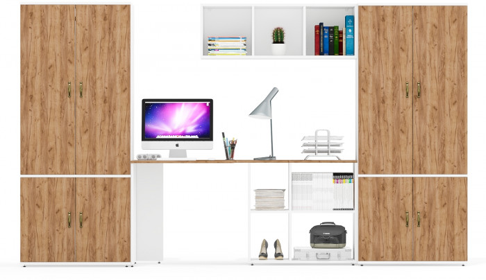 Лидер-8 Шкаф МД 20Б + Стол + Полка + Шкаф МД 19Б, цвет белый шагрень/крафт золото, ШхГхВ 325х50/37,5х75/190 или 115х240/50х75/190 см., НЕ ун.сб.