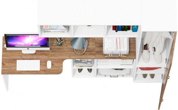 Лидер-8 Стол + Полка + Пенал МД 21Б, белый шагрень/крафт золото