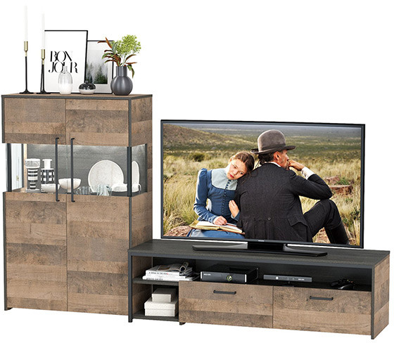 Трувор 13.70 Тумба под ТВ + 13.306 Комод с витриной, цвет дуб гранж песочный/интра, ШхГхВ 235,6х45,4х135,3 см., универсальная сборка