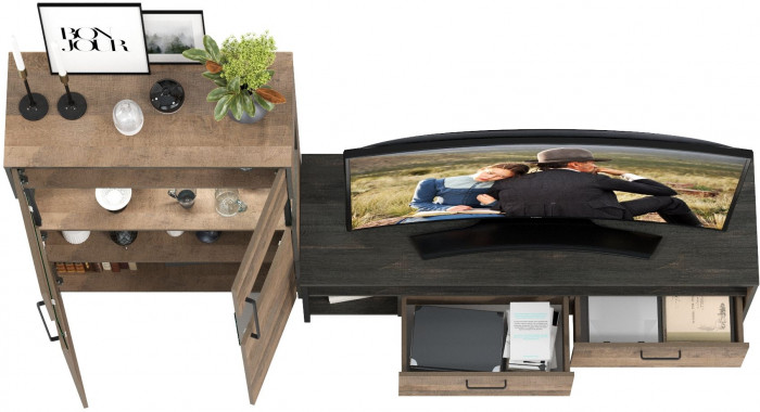 Трувор 13.70 Тумба под ТВ + 13.306 Комод с витриной, цвет дуб гранж песочный/интра, ШхГхВ 235,6х45,4х135,3 см., универсальная сборка