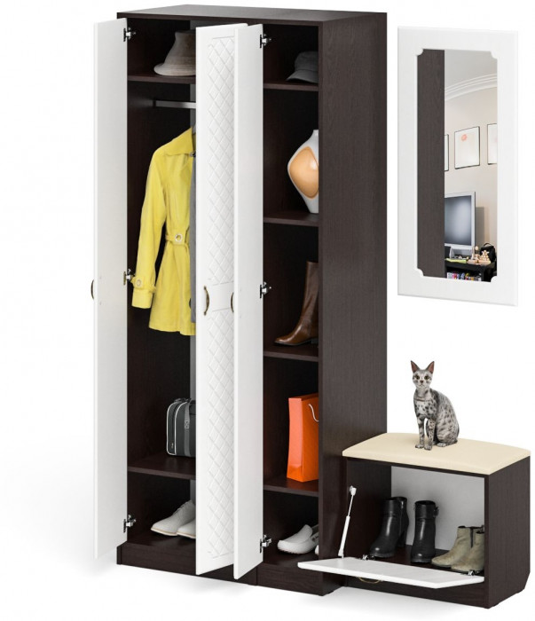 Прихожая П-6 Компоновка № 46, цвет венге/фасады МДФ белое дерево фрезеровка ромб, ШхГхВ 150х50х210 см., универсальная сборка