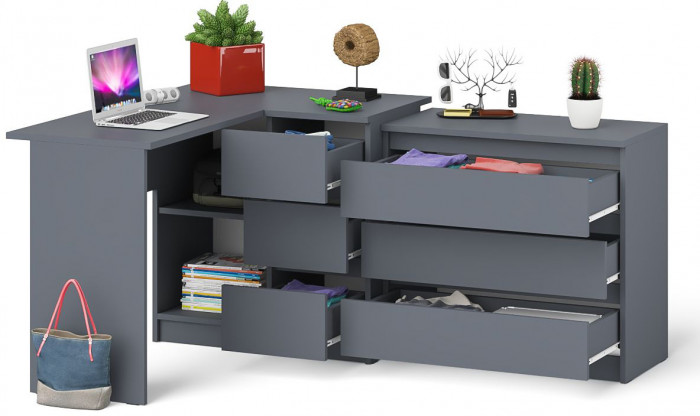 Мори Стол компьютерный МС-16 правый + Комод МК800.1, цвет графит, ШхГхВ 204,8х84,9х76,6 см., выдвижные ящики справа, НЕ универсальная сборка