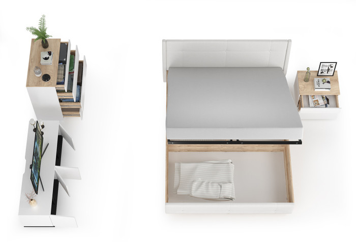 Муссон Кровать 11.28 + под. ортопед + Тумба 16.03 + Комод 13.97 + Тумба ТВ 13.276, белый/чёрный/дуб эндгрейн элегантный/кожзам белый, 1600х2000, б/м