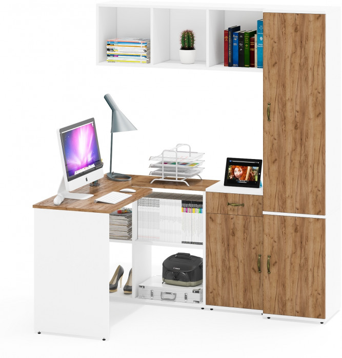 Лидер-8 Стол + Полка + Тумба МД 3.15 + Пенал МД 22Б, белый шагрень/крафт золото