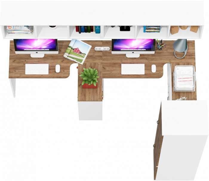 Лидер-8 Стол + Полка + Стол + Полка + Пенал МД 23Б + Тумба МД 3.19, цвет белый шагрень/крафт золото, 410х50х75/190 или 230х160/50х75/190, НЕ ун. сб.