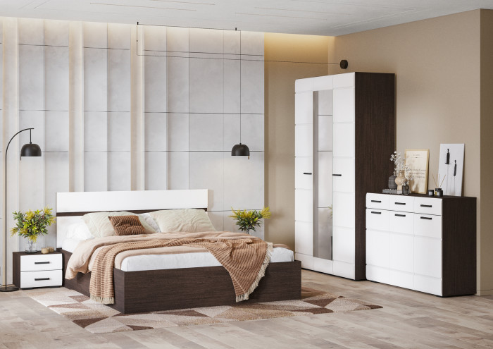 ЛИБЕРТИ КР 01 Кровать 1,4 (1432х900х2032) Фасад МДФ БЕЛЫЙ ГЛЯНЕЦ/Корпус ВЕНГЕ