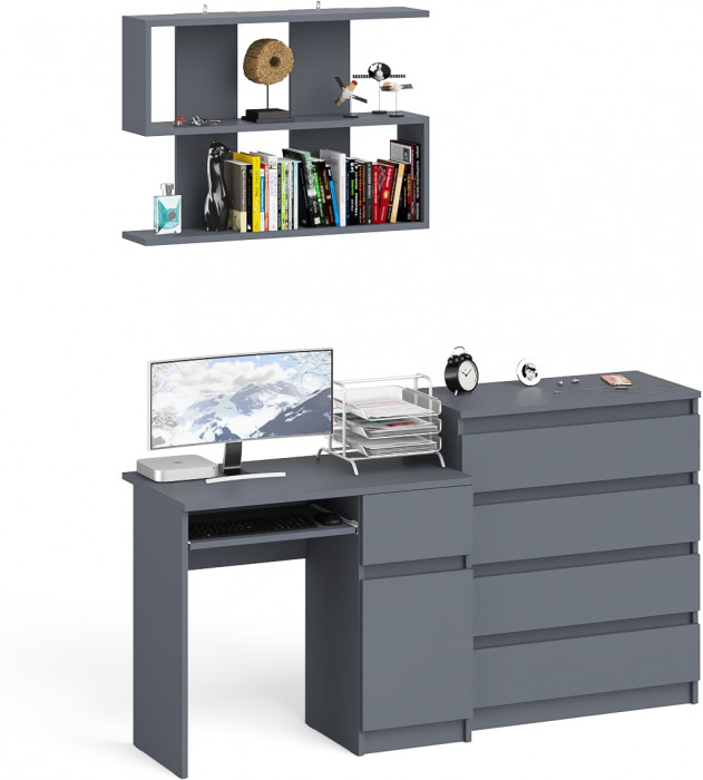 Мори Стол компьютерный МС-1 правый + Комод МК800.4 + Полка 900, цвет графит, ШхГхВ 170,4х50х209,6 см., НЕ универсальная сборка