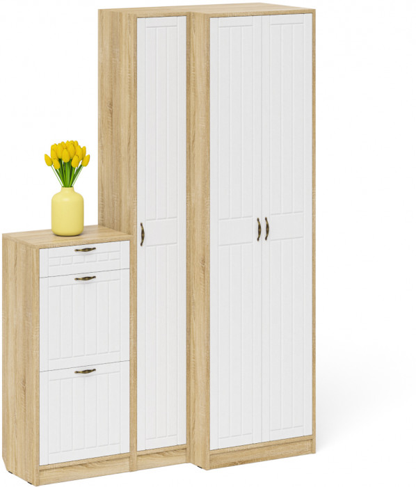 Прихожая П-6 Компоновка № 28, цвет дуб сонома/фасады МДФ белое дерево фрезеровка прованс, ШхГхВ 140х50х210 см., универсальная сборка