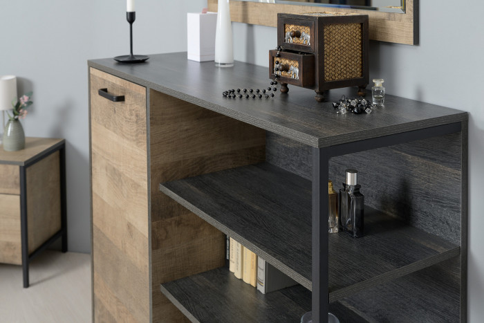 Трувор 13.70 Тумба под ТВ + 13.307.01 Комод + 15.60 Полка, цвет дуб гранж песочный/интра, ШхГхВ 258,8х45,4х195 см., универсальная сборка