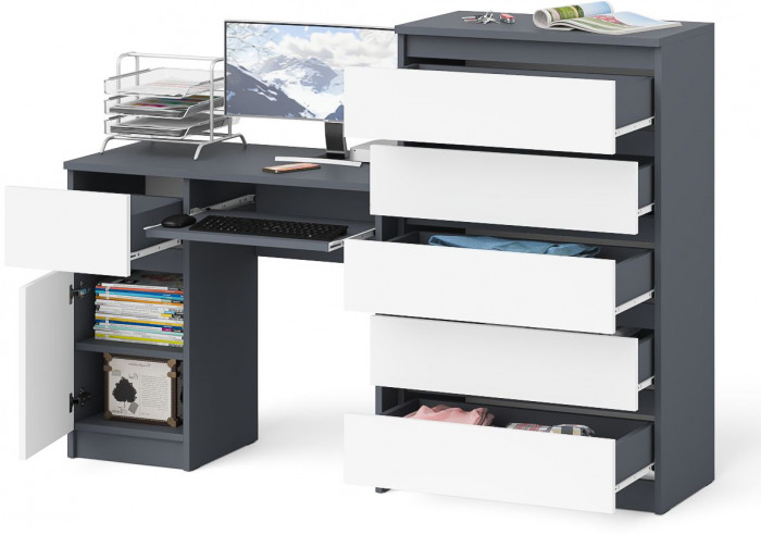Мори Стол компьютерный МС-1 левый + Комод МК700.5, цвет графит/белый, ШхГхВ 160,4х50х114 см., выдвижной ящик слева, НЕ универсальная сборка