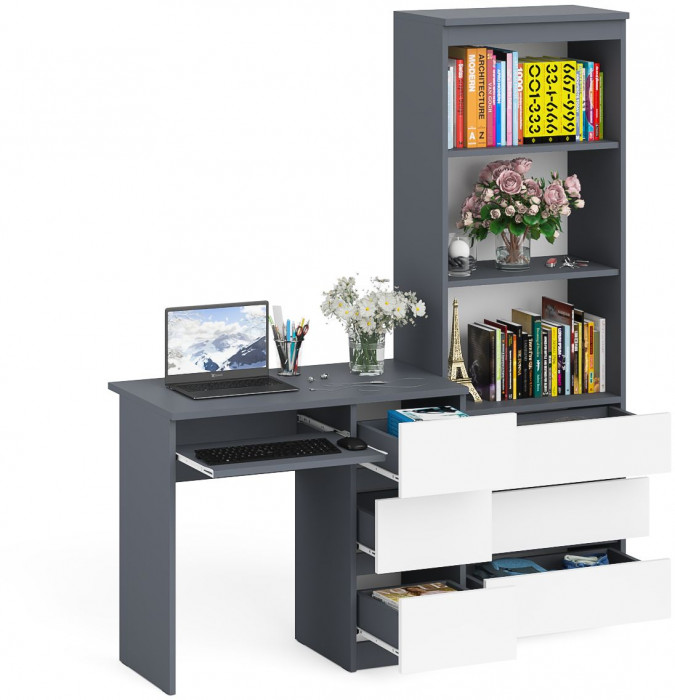 Мори Стол компьютерный МС-6 правый + Стеллаж МСТ600.3, цвет графит/белый, ШхГхВ 150,4х50х179,6 см., выдвижные ящики справа, НЕ универсальная сборка
