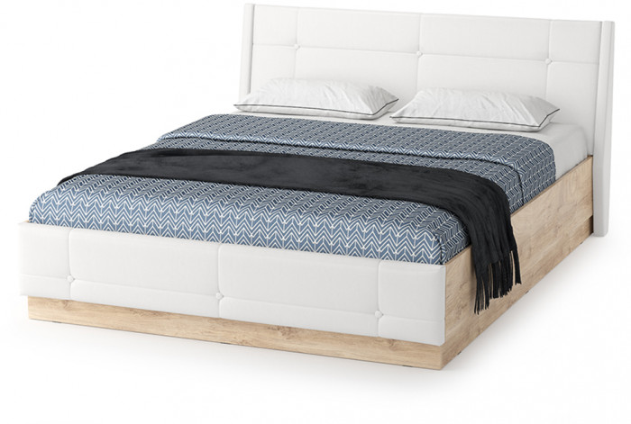 Муссон Кровать 11.28 + подъёмный ортопед + 2 х Тумба 16.03, цвет белый/дуб эндгрейн элегантный/кожзам белый/, сп. м. 1600х2000 мм., б/м