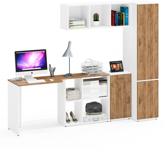 Лидер-8 Стол + Полка + Тумба МД 3.15 + Пенал МД 23Б, белый шагрень/крафт золото